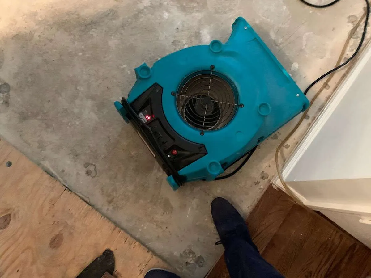 Air mover drying subfloor during Leak Detection & Repair in Hampton